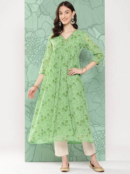 Janasya Women's Light Green Georgette Digital Floral Printed Festive Flared Kurta 