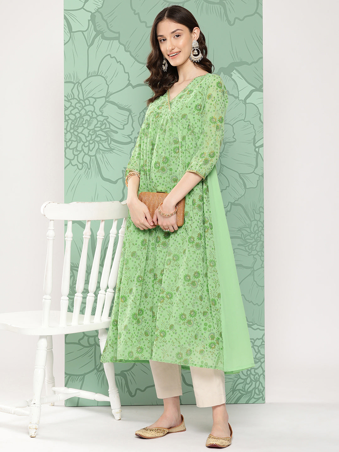Janasya Women's Light Green Georgette Digital Floral Printed Festive Flared Kurta 
