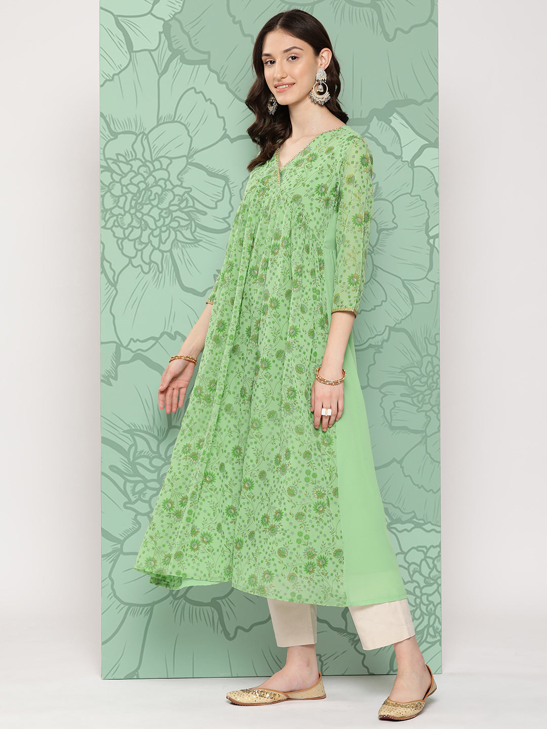 Janasya Women's Light Green Georgette Digital Floral Printed Festive Flared Kurta 