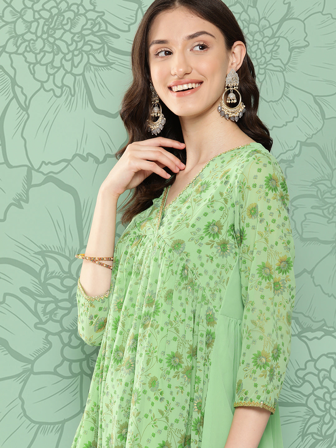 Janasya Women's Light Green Georgette Digital Floral Printed Festive Flared Kurta 