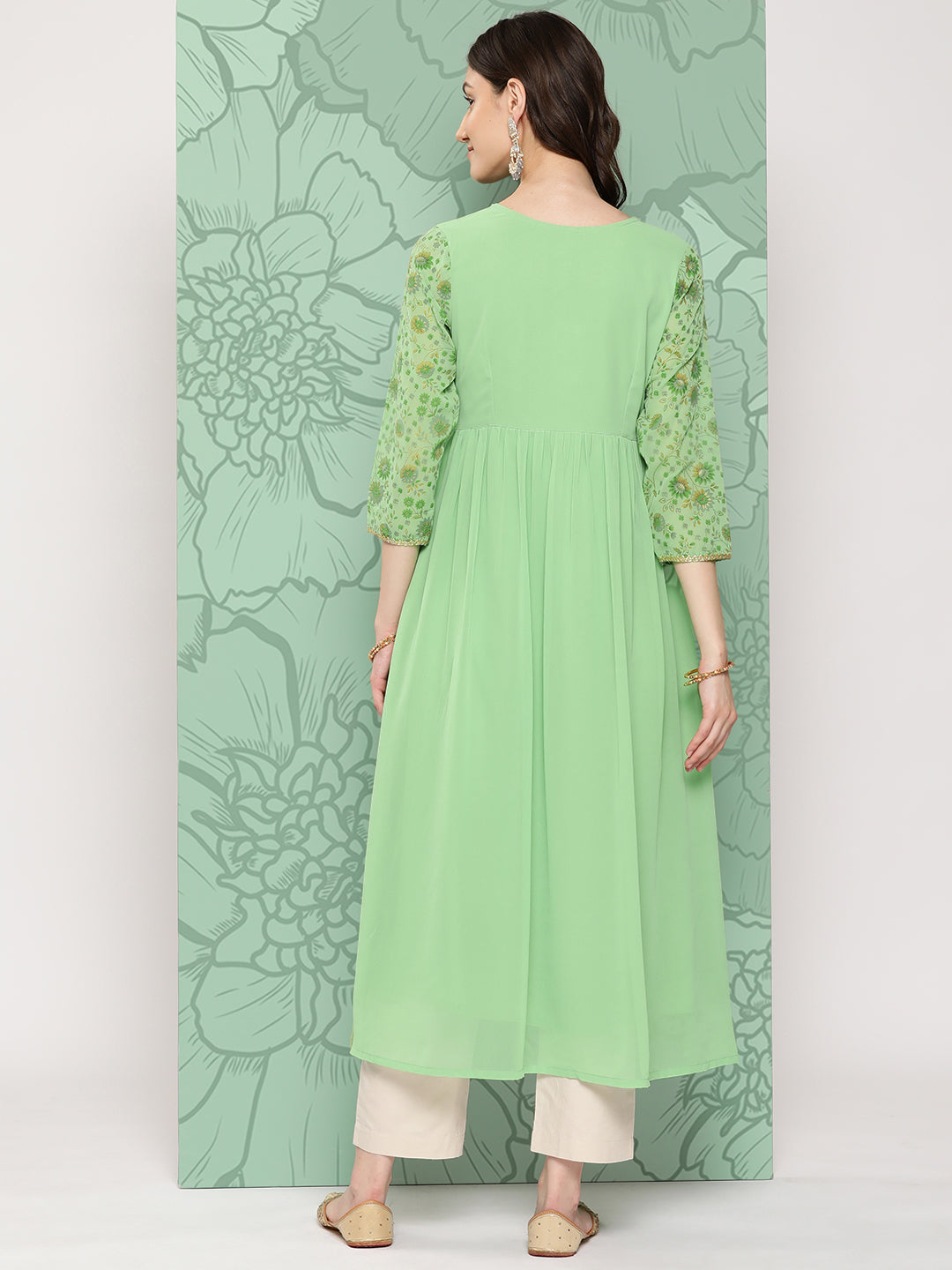 Janasya Women's Light Green Georgette Digital Floral Printed Festive Flared Kurta 