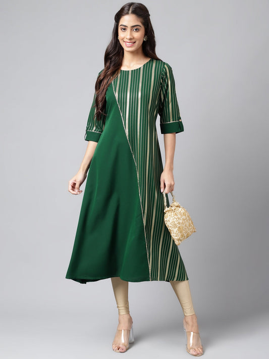 Janasya Women's Dark Green Crepe Foil Printed Casual A-Line Kurta 