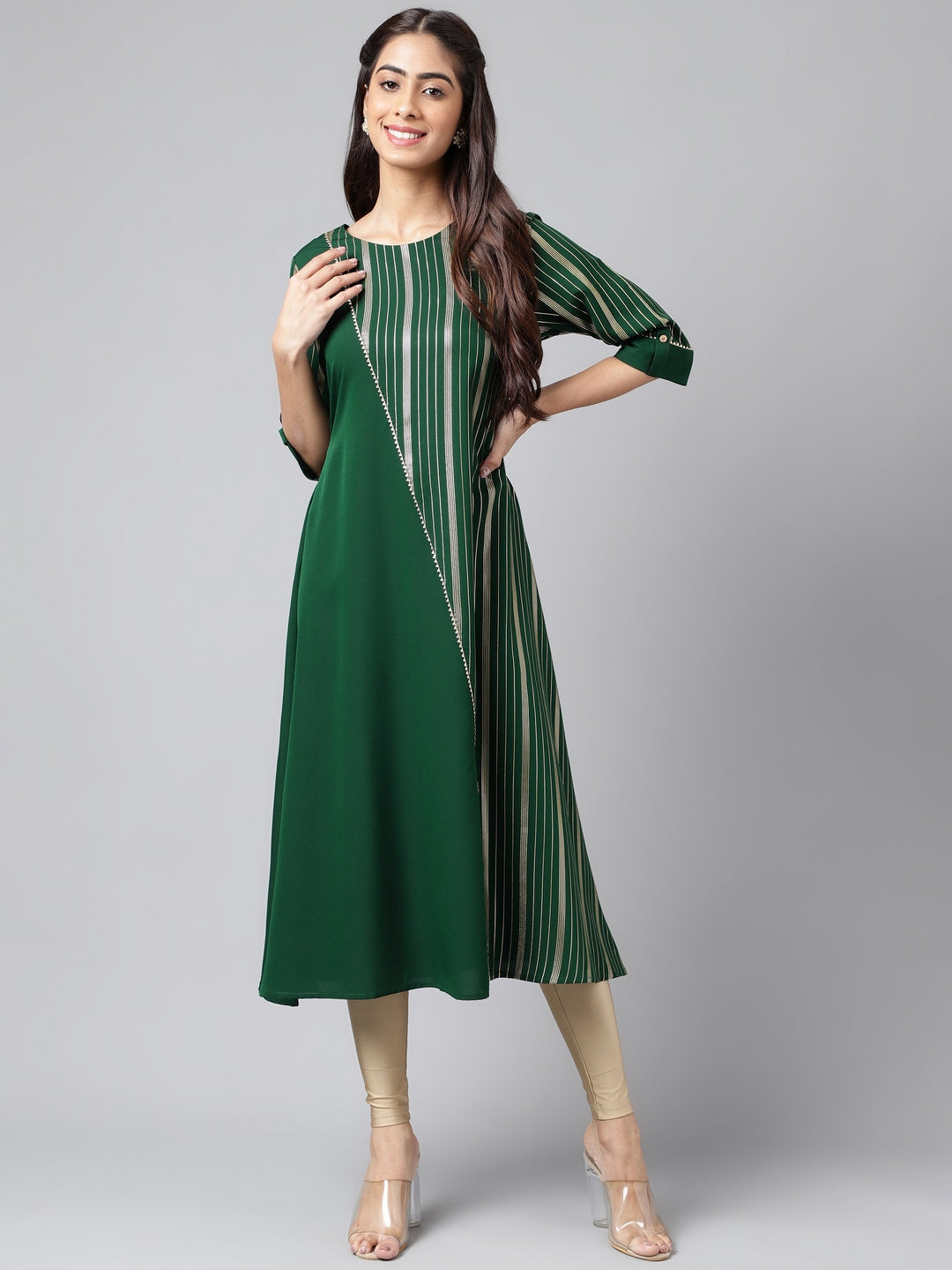 Janasya Women's Dark Green Crepe Foil Printed Casual A-Line Kurta 