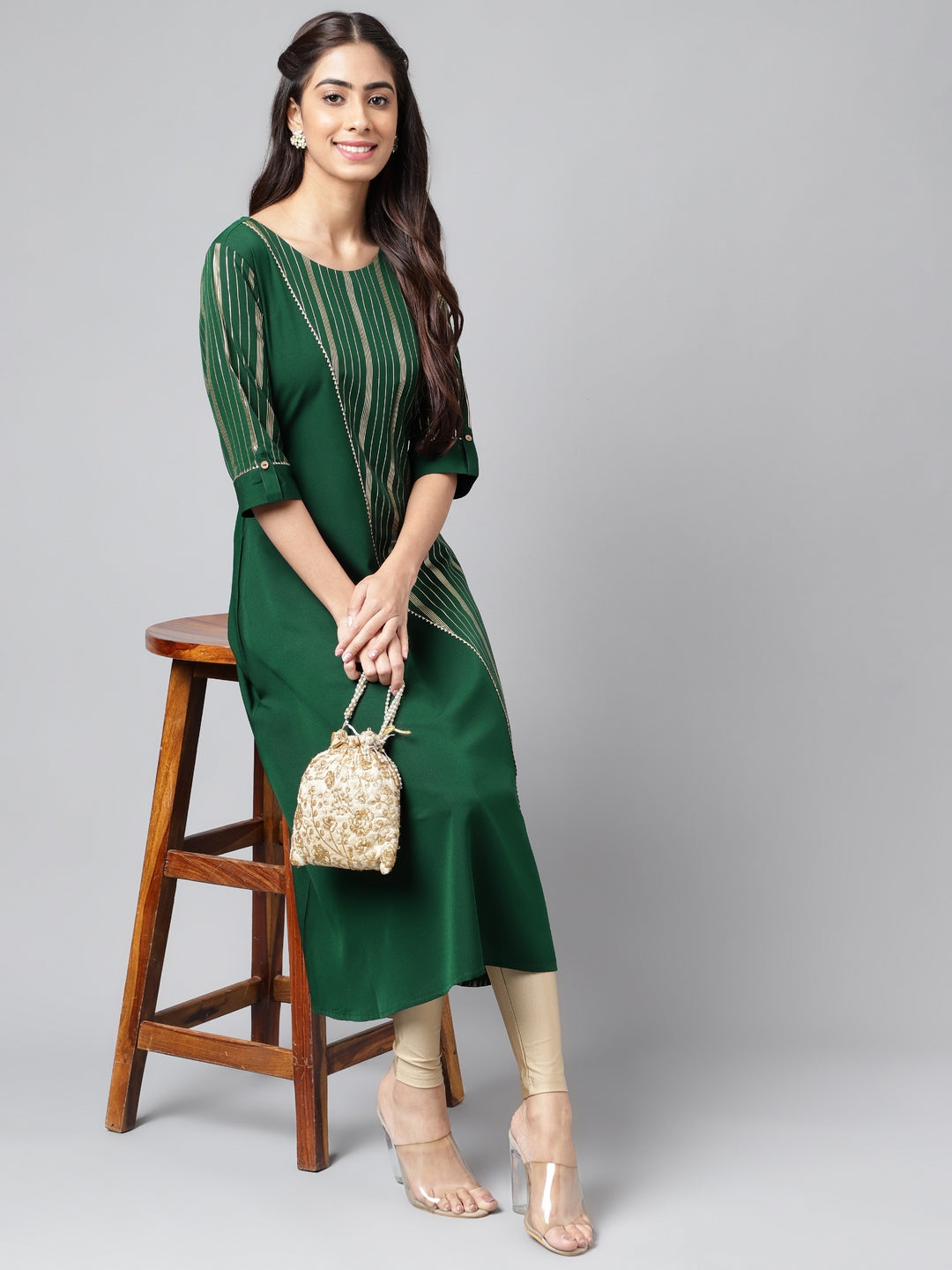 Janasya Women's Dark Green Crepe Foil Printed Casual A-Line Kurta 