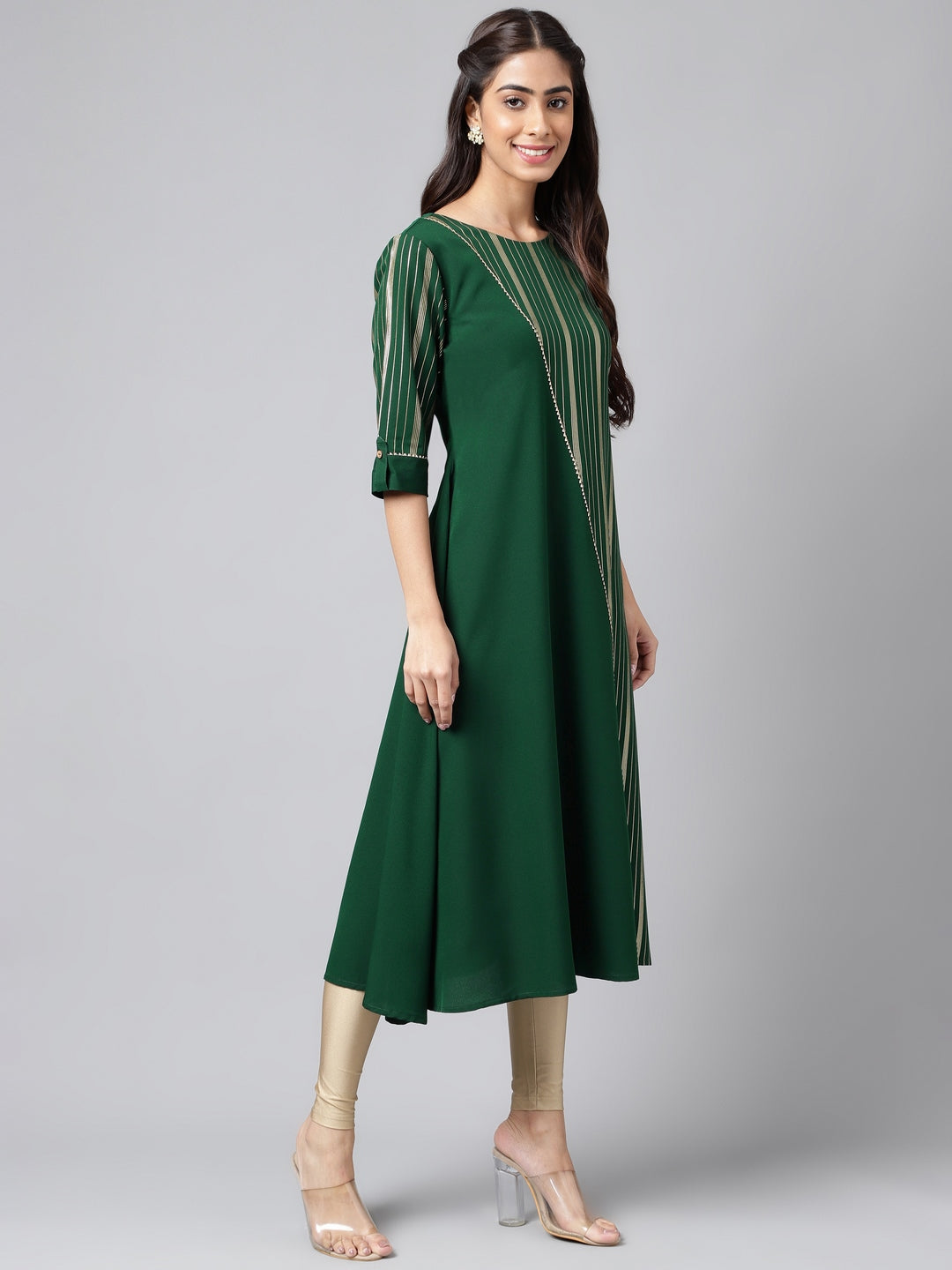 Janasya Women's Dark Green Crepe Foil Printed Casual A-Line Kurta 