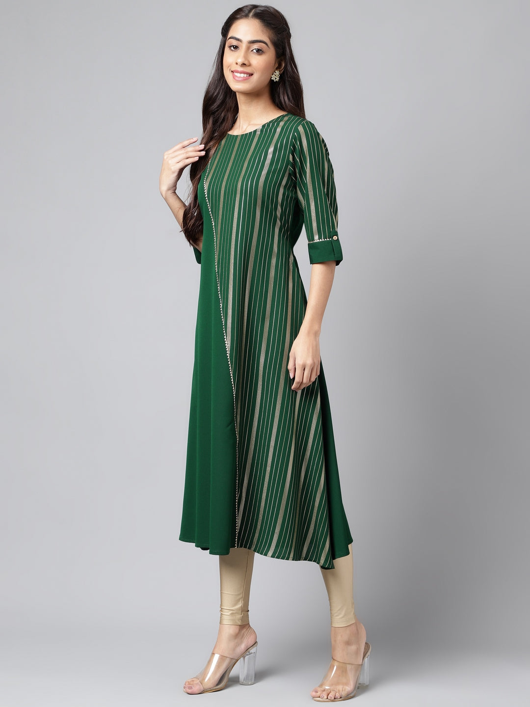Janasya Women's Dark Green Crepe Foil Printed Casual A-Line Kurta 
