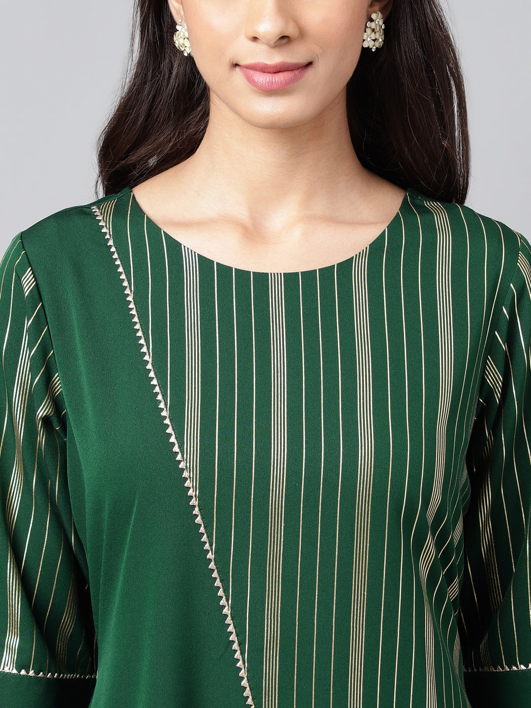 Janasya Women's Dark Green Crepe Foil Printed Casual A-Line Kurta 
