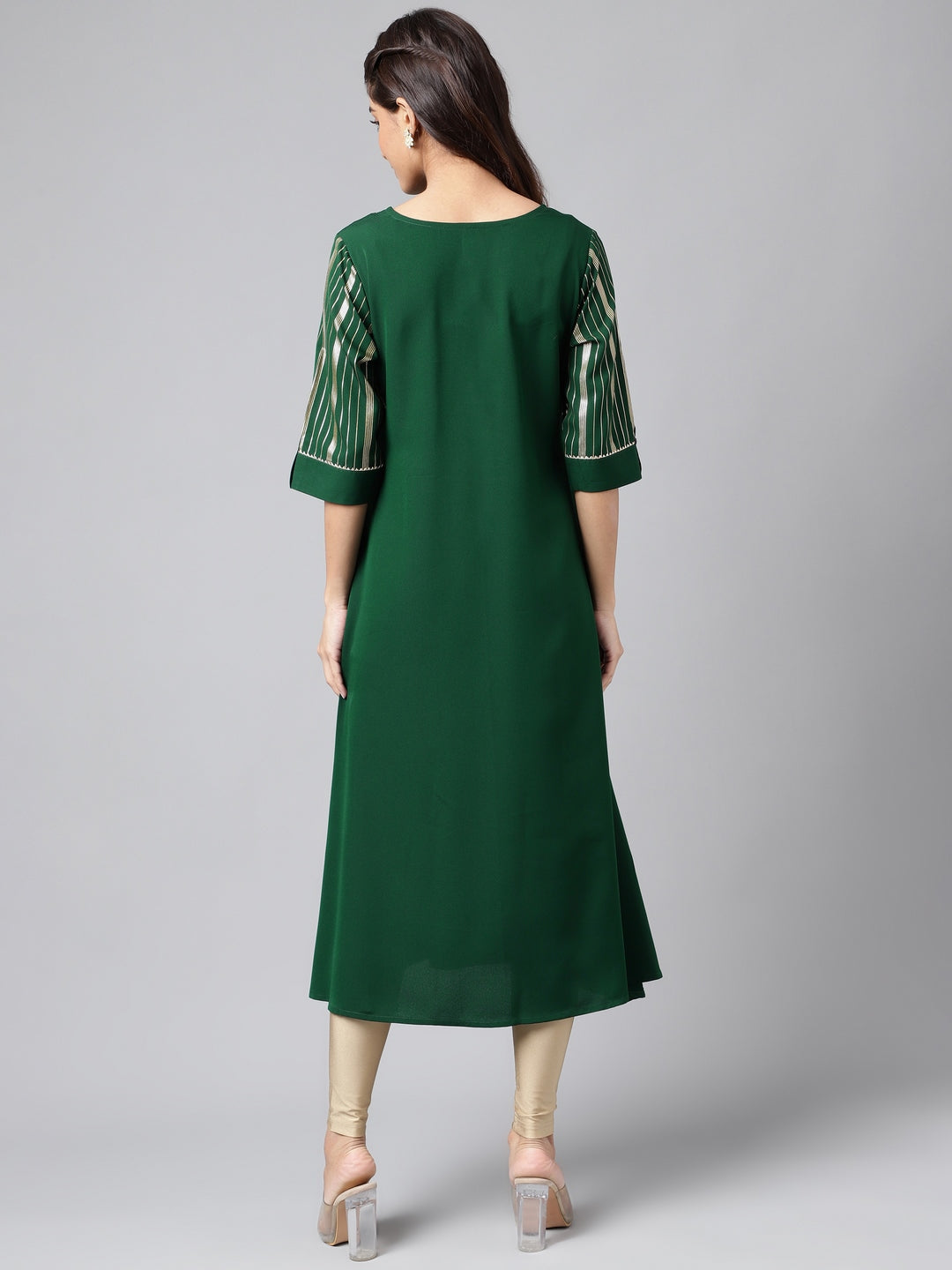 Janasya Women's Dark Green Crepe Foil Printed Casual A-Line Kurta 