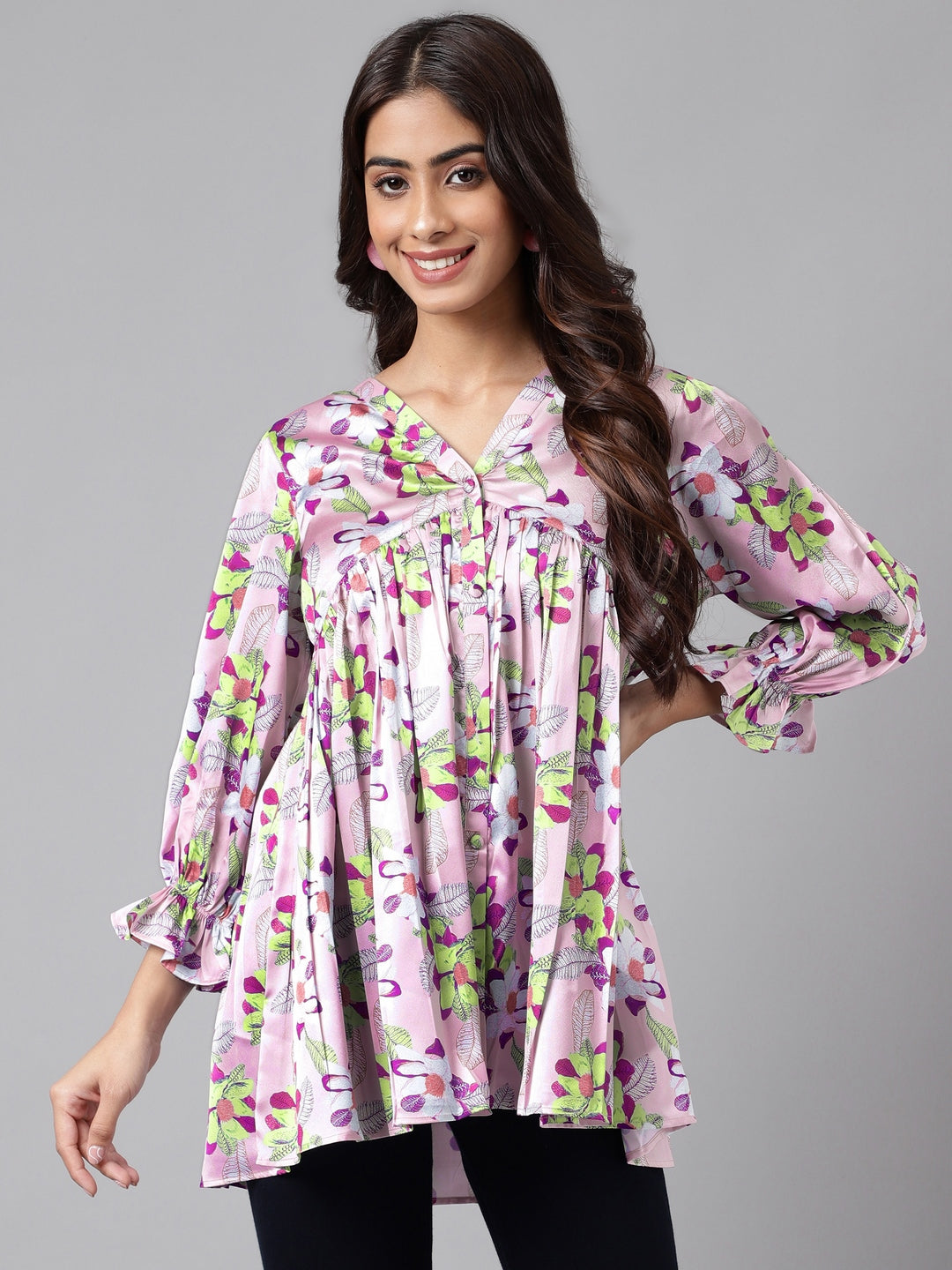 Janasya Women's Lavender Satin Digital Floral Printed Casual Flared Top 