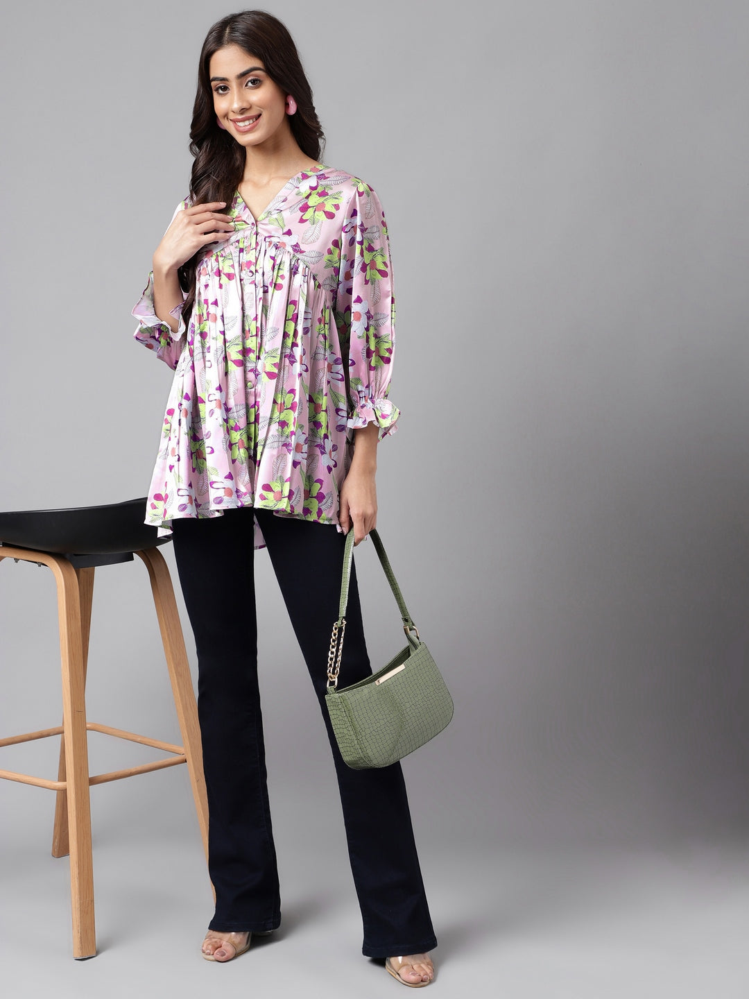 Janasya Women's Lavender Satin Digital Floral Printed Casual Flared Top 