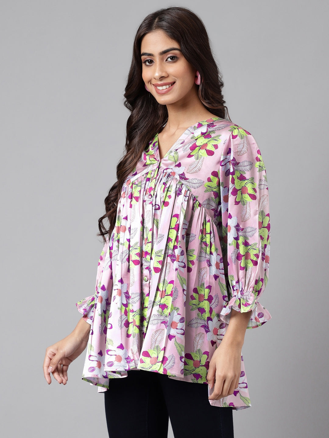 Janasya Women's Lavender Satin Digital Floral Printed Casual Flared Top 