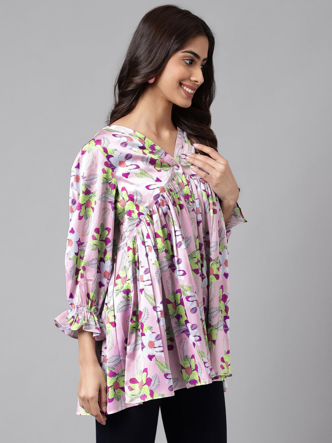 Janasya Women's Lavender Satin Digital Floral Printed Casual Flared Top 