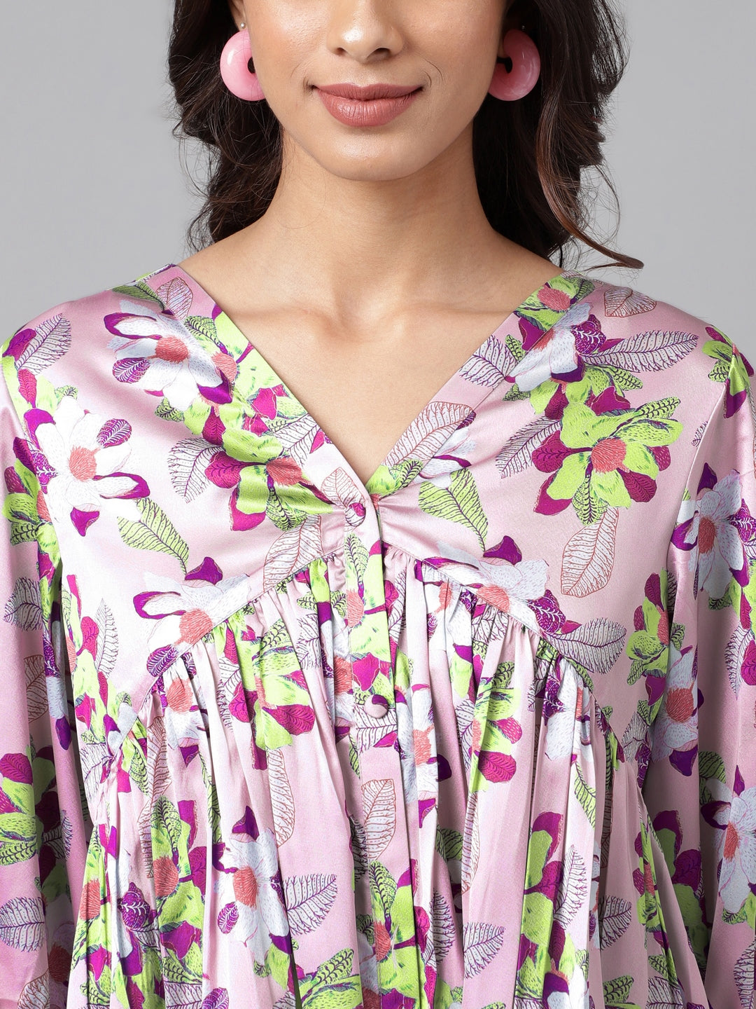 Janasya Women's Lavender Satin Digital Floral Printed Casual Flared Top 