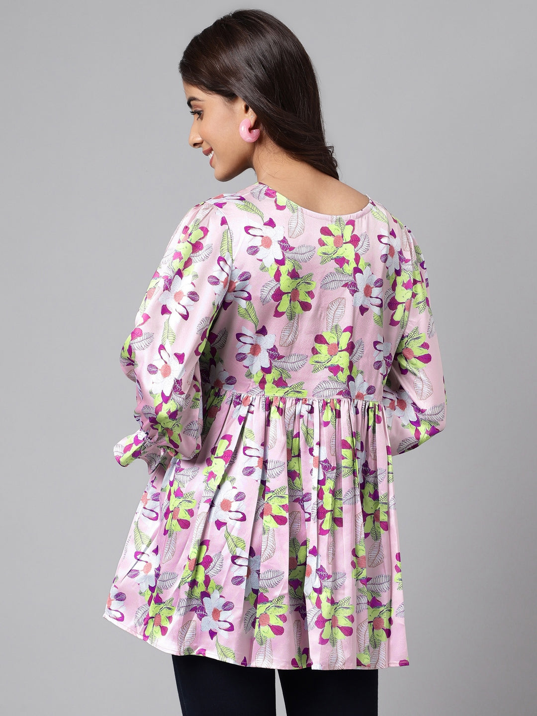 Janasya Women's Lavender Satin Digital Floral Printed Casual Flared Top 
