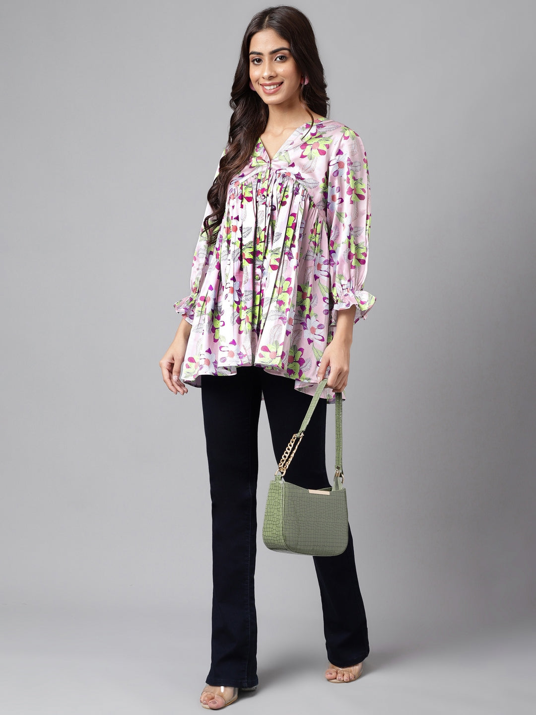 Janasya Women's Lavender Satin Digital Floral Printed Casual Flared Top 
