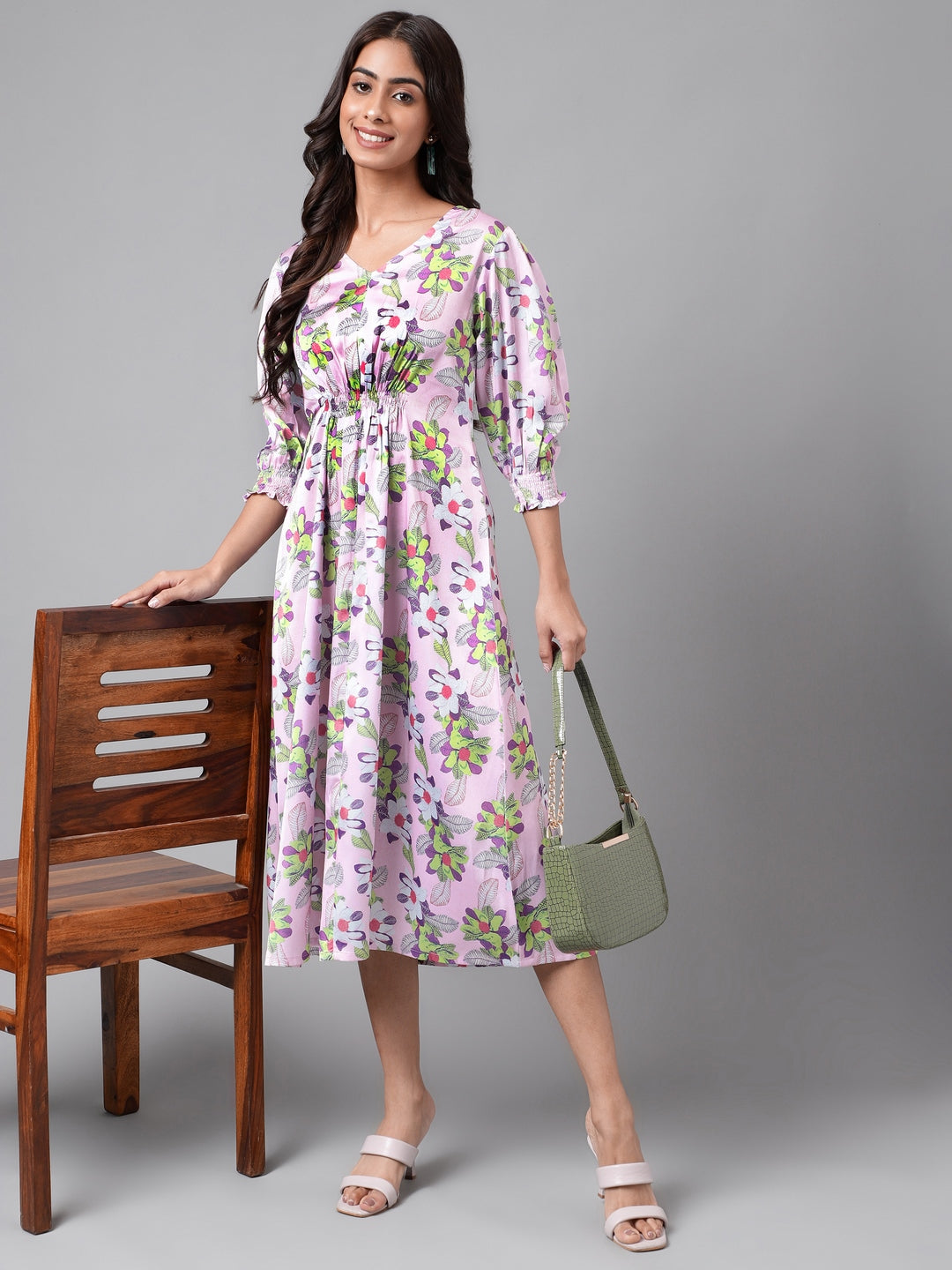 Janasya Women's Lavender Satin Digital Floral Printed A-line Casual Dress 