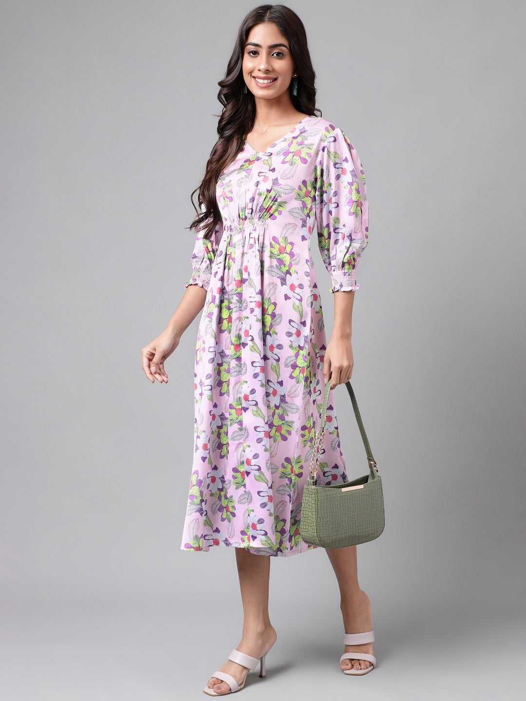 Janasya Women's Lavender Satin Digital Floral Printed A-line Casual Dress 