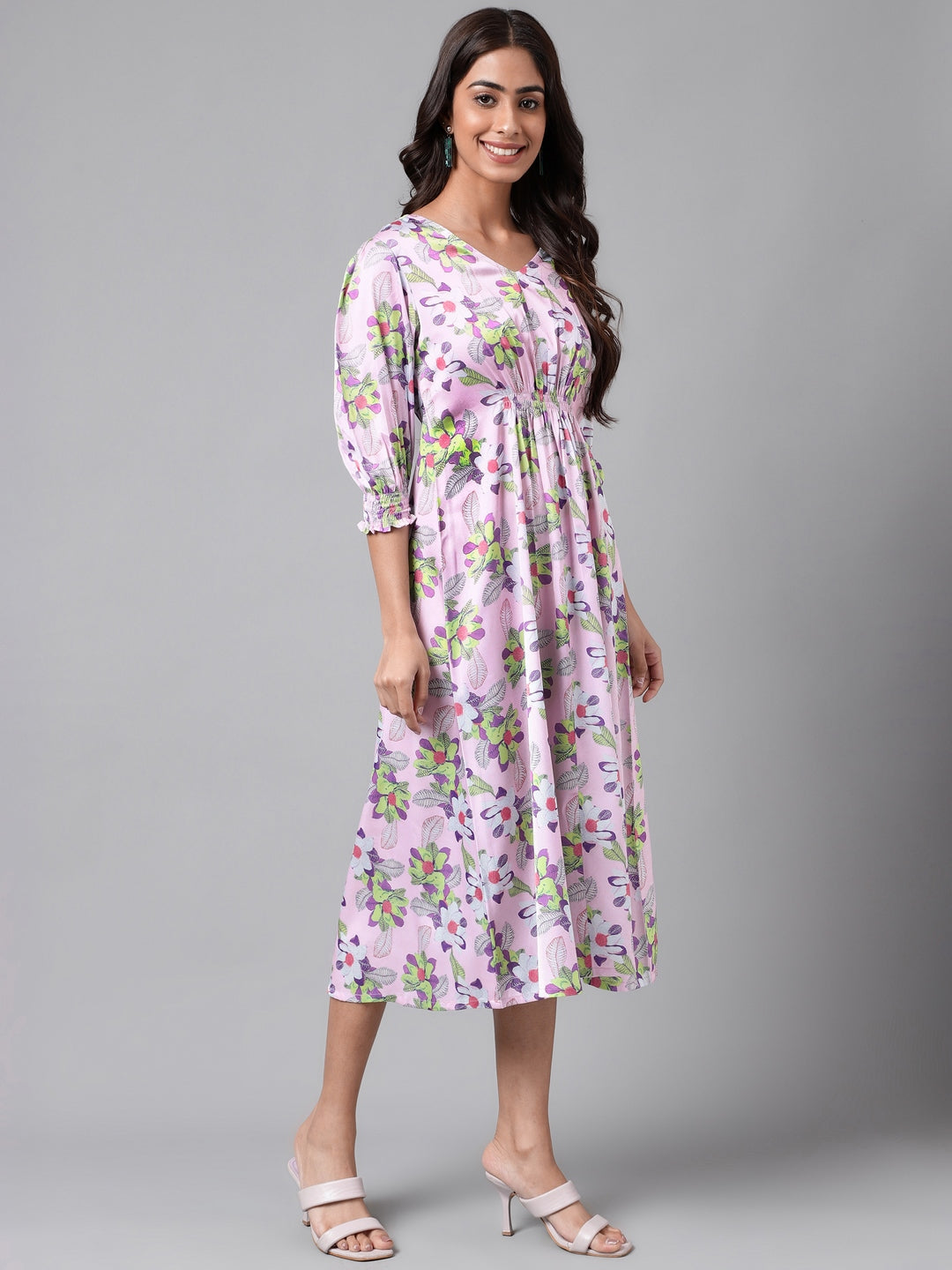 Janasya Women's Lavender Satin Digital Floral Printed A-line Casual Dress 