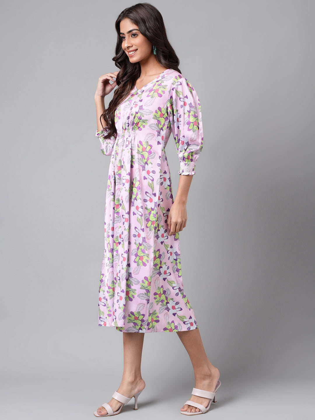 Janasya Women's Lavender Satin Digital Floral Printed A-line Casual Dress 