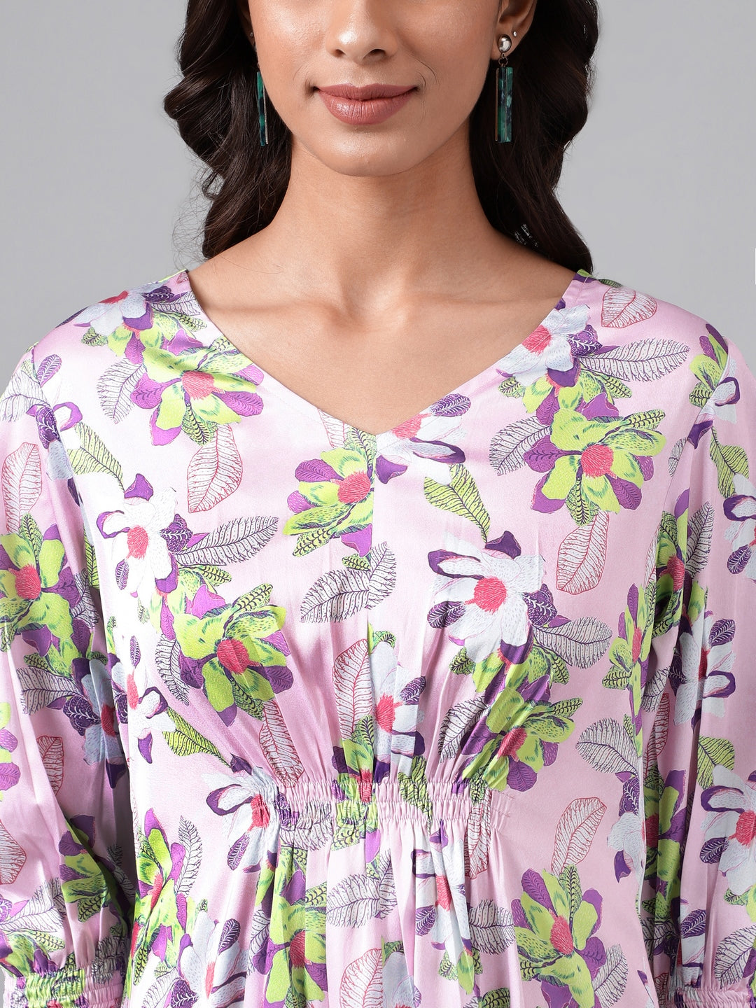 Janasya Women's Lavender Satin Digital Floral Printed A-line Casual Dress 