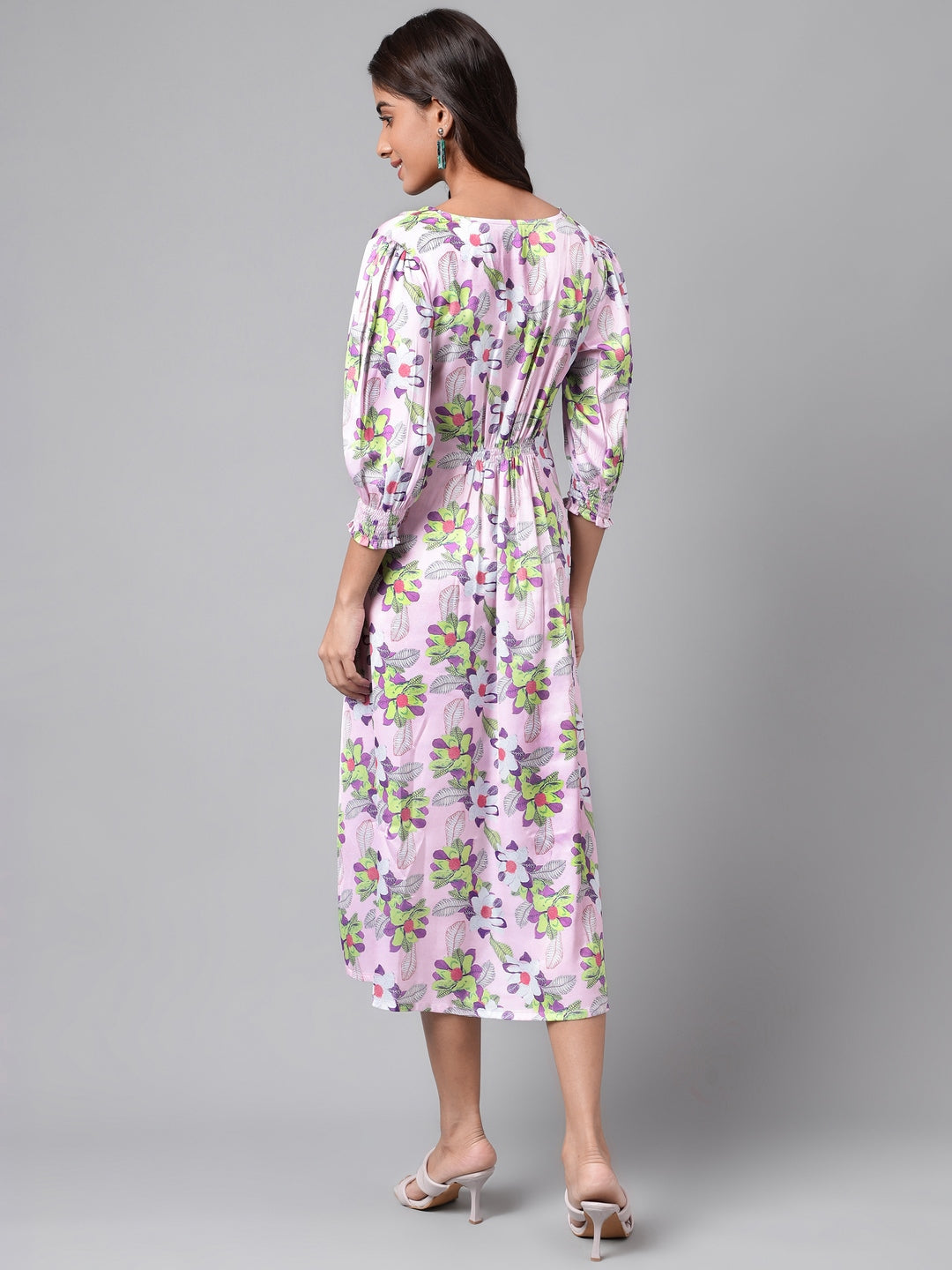 Janasya Women's Lavender Satin Digital Floral Printed A-line Casual Dress 