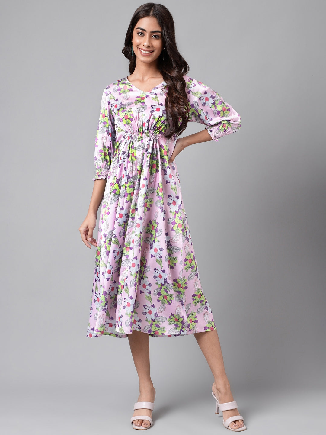 Janasya Women's Lavender Satin Digital Floral Printed A-line Casual Dress 