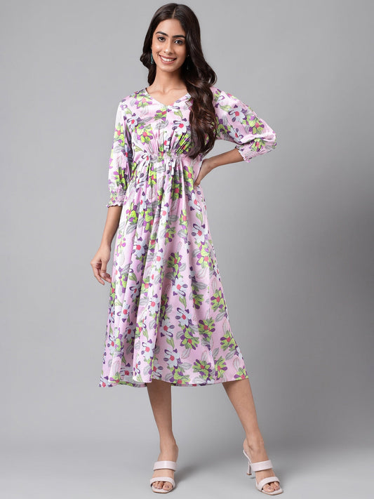Janasya Women's Lavender Satin Digital Floral Printed A-line Casual Dress 