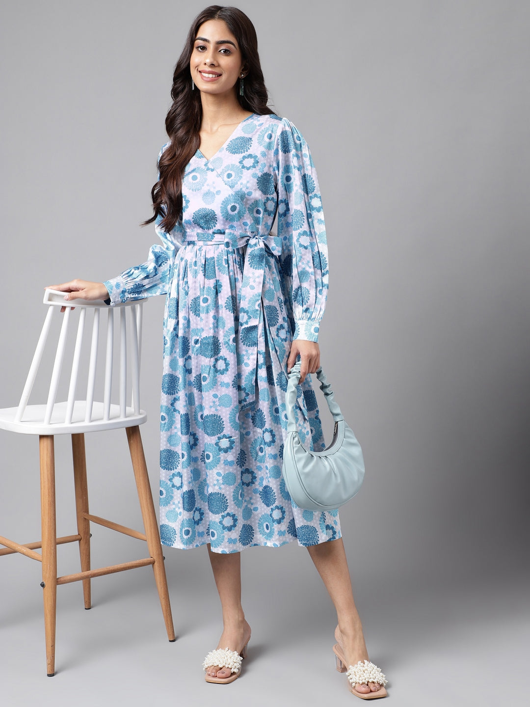 Janasya Women's Grey Satin Digital Floral Printed Flared Casual Dress 