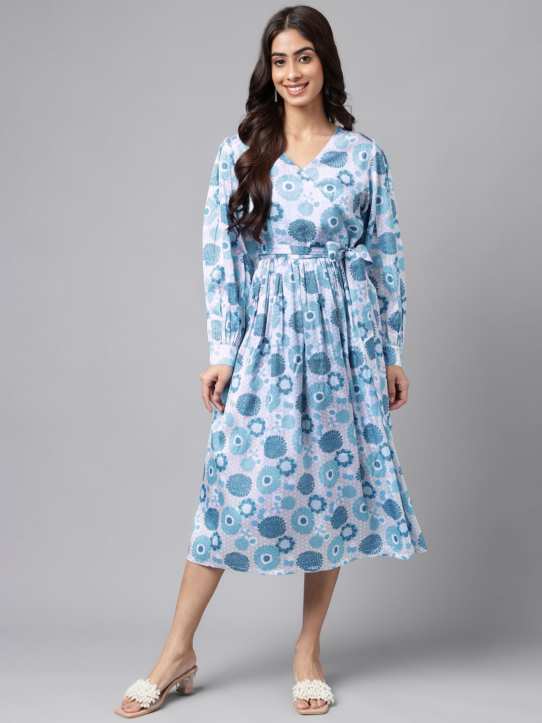 Janasya Women's Grey Satin Digital Floral Printed Flared Casual Dress 