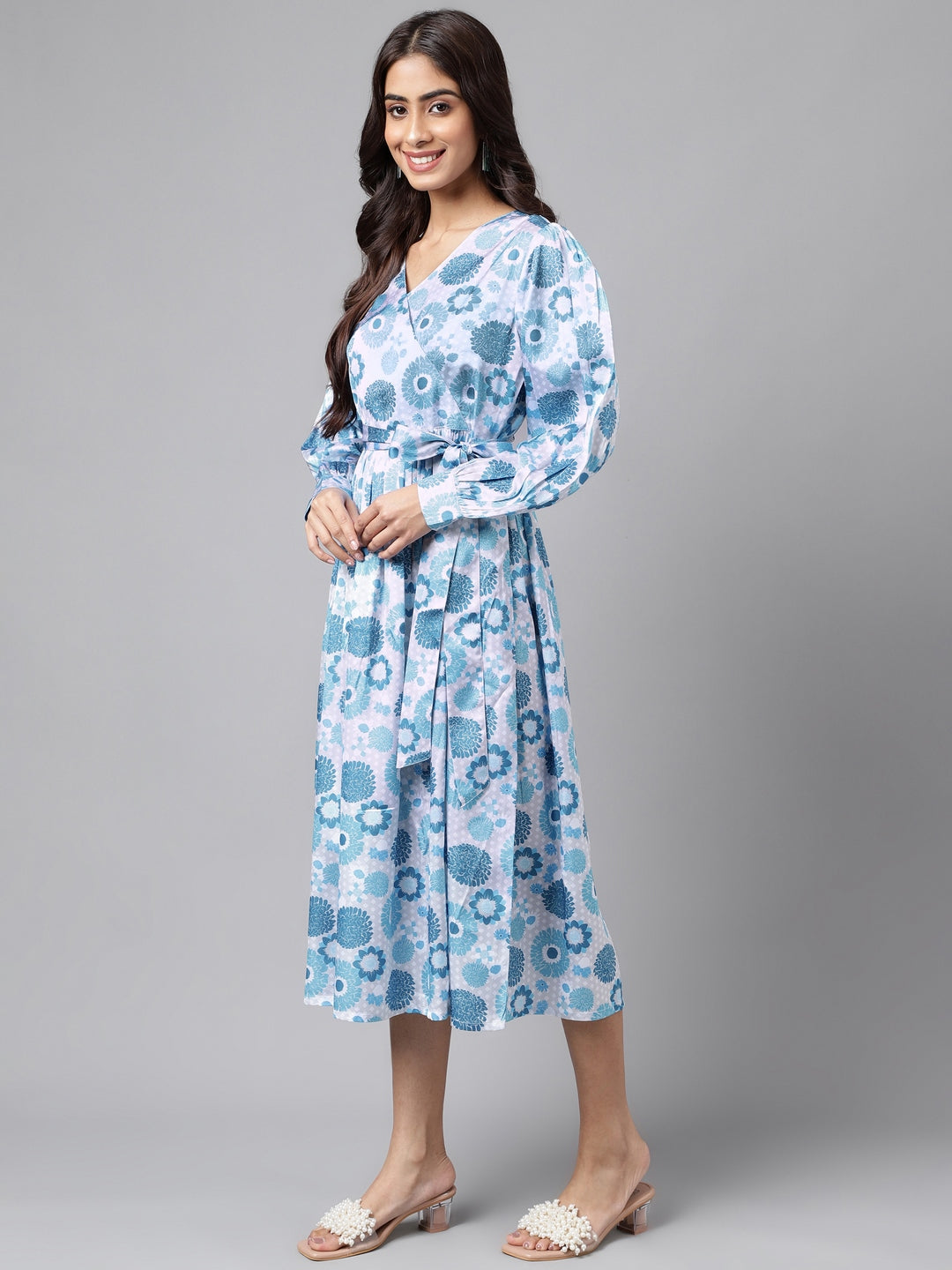 Janasya Women's Grey Satin Digital Floral Printed Flared Casual Dress 