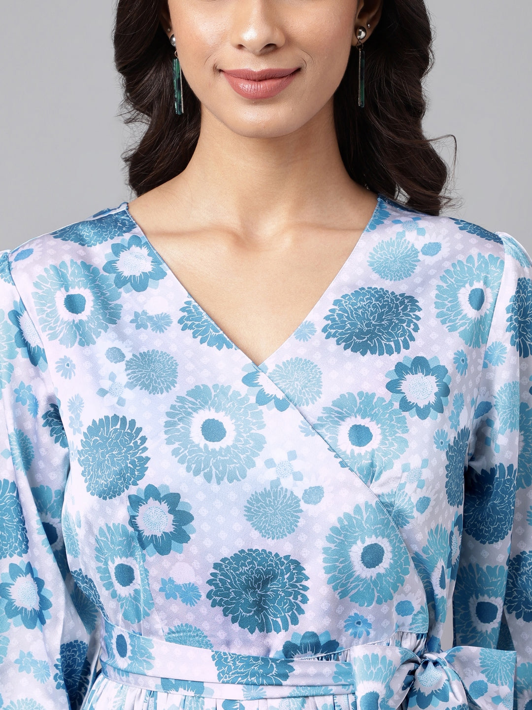 Janasya Women's Grey Satin Digital Floral Printed Flared Casual Dress 