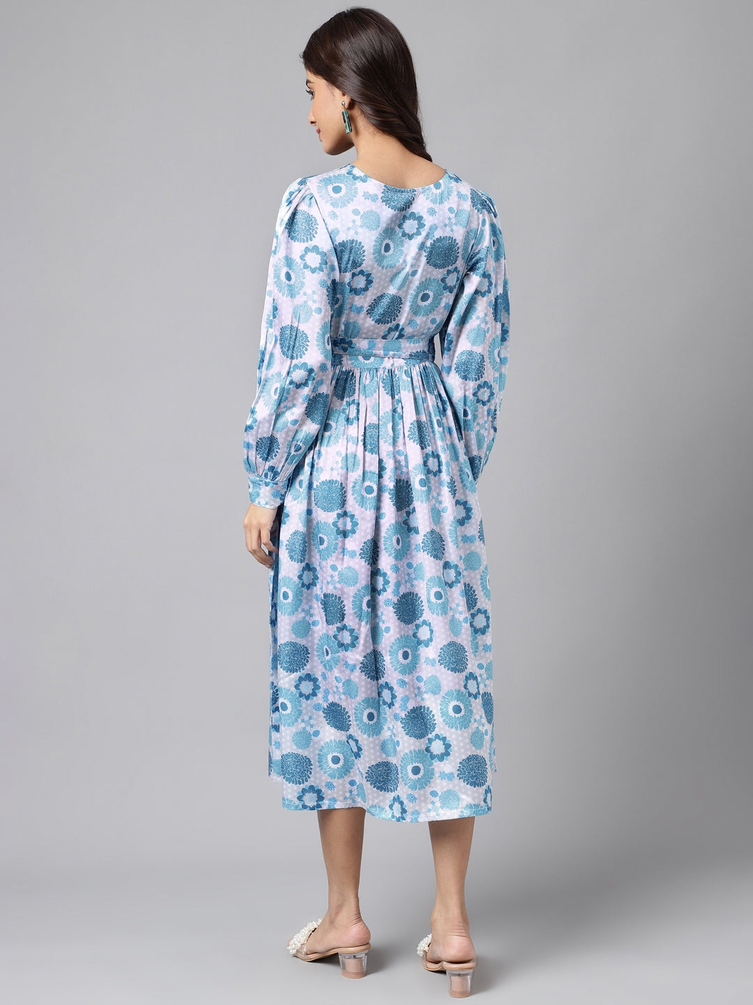 Janasya Women's Grey Satin Digital Floral Printed Flared Casual Dress 