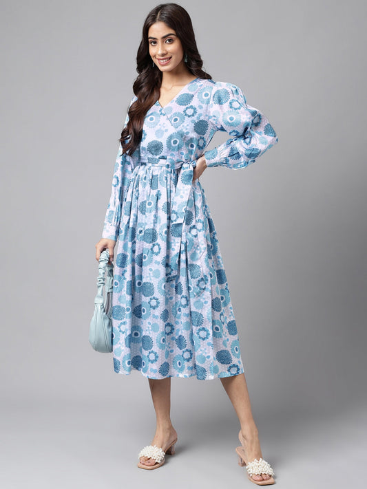 Janasya Women's Grey Satin Digital Floral Printed Flared Casual Dress 