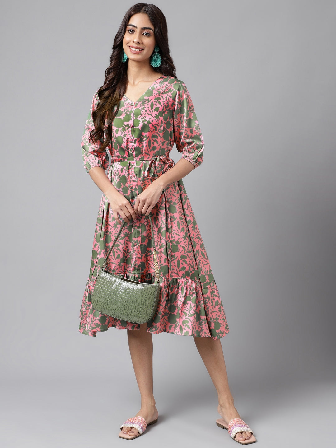 Janasya Women's Pink Satin Digital Floral Printed A-line Ethnic Dress 