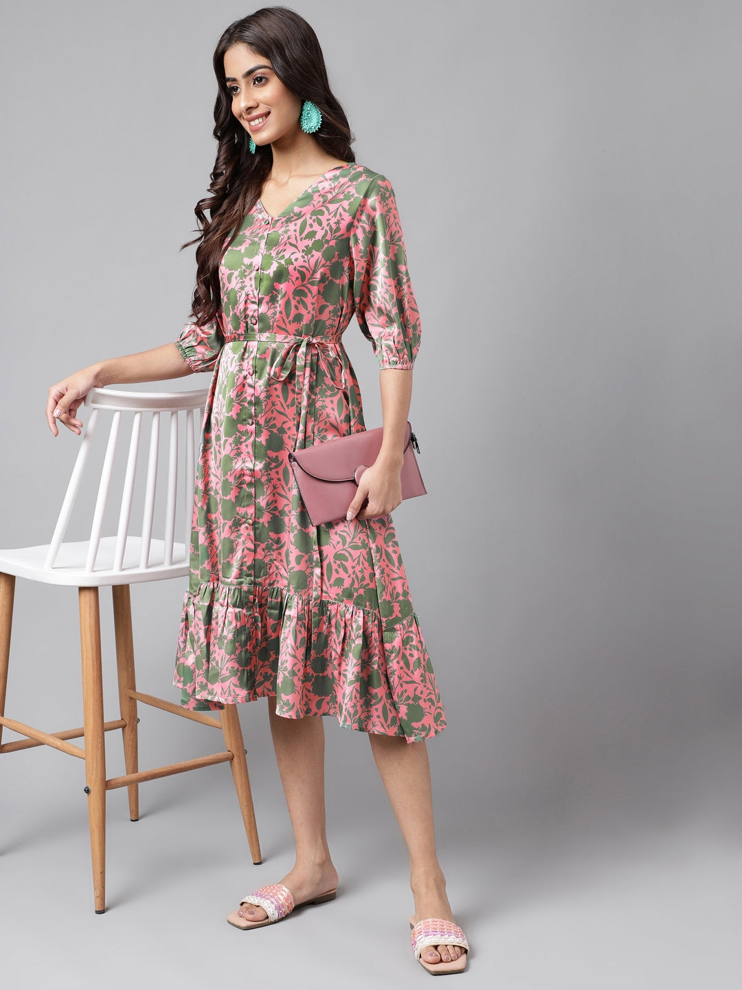 Janasya Women's Pink Satin Digital Floral Printed A-line Ethnic Dress 