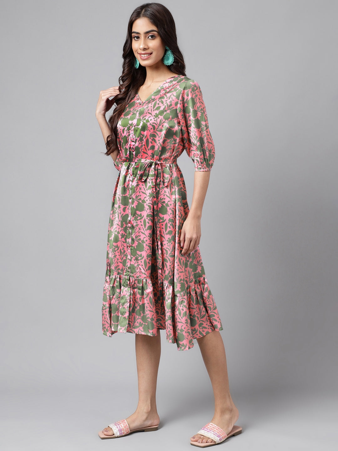 Janasya Women's Pink Satin Digital Floral Printed A-line Ethnic Dress 