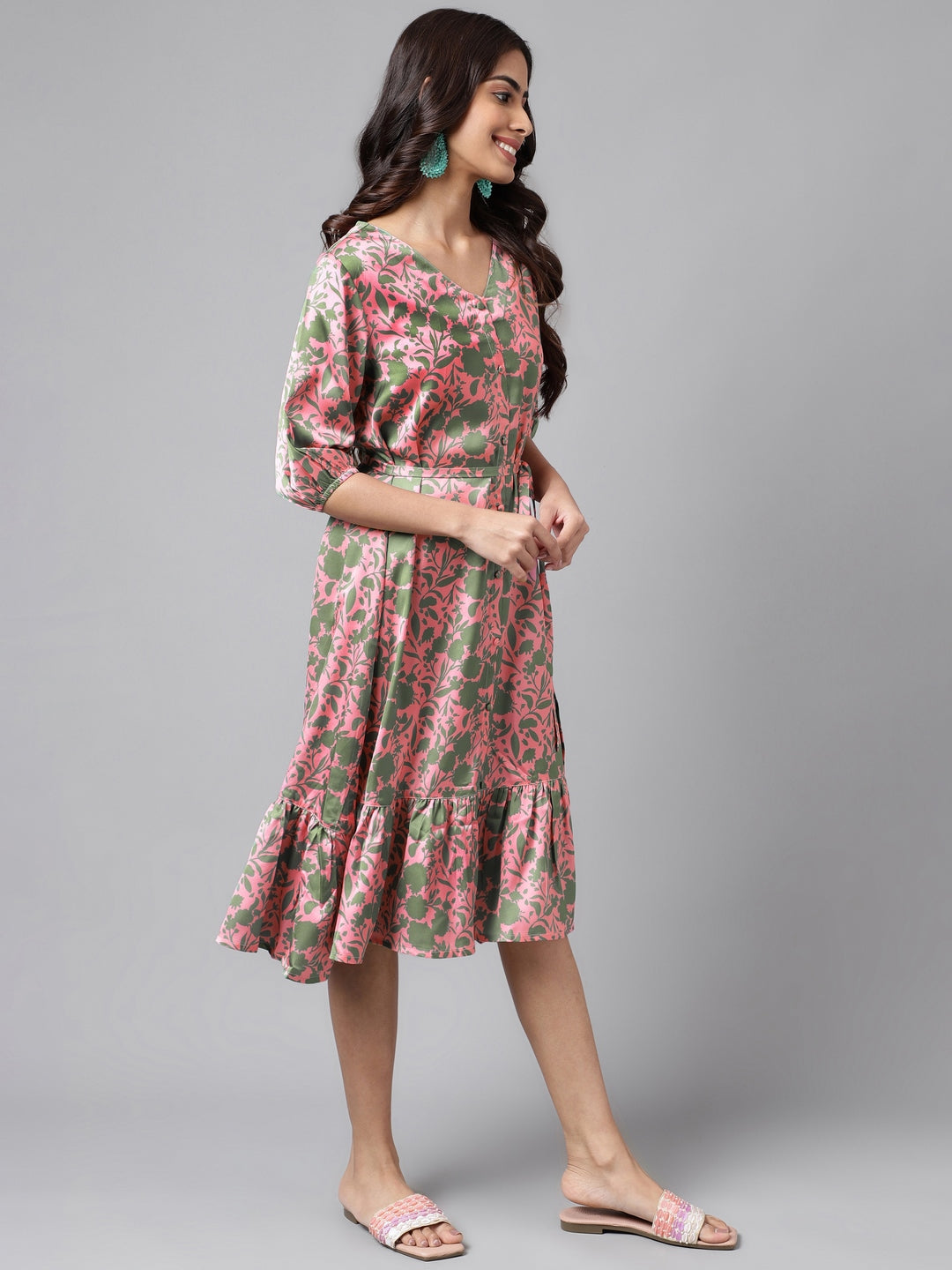 Janasya Women's Pink Satin Digital Floral Printed A-line Ethnic Dress 