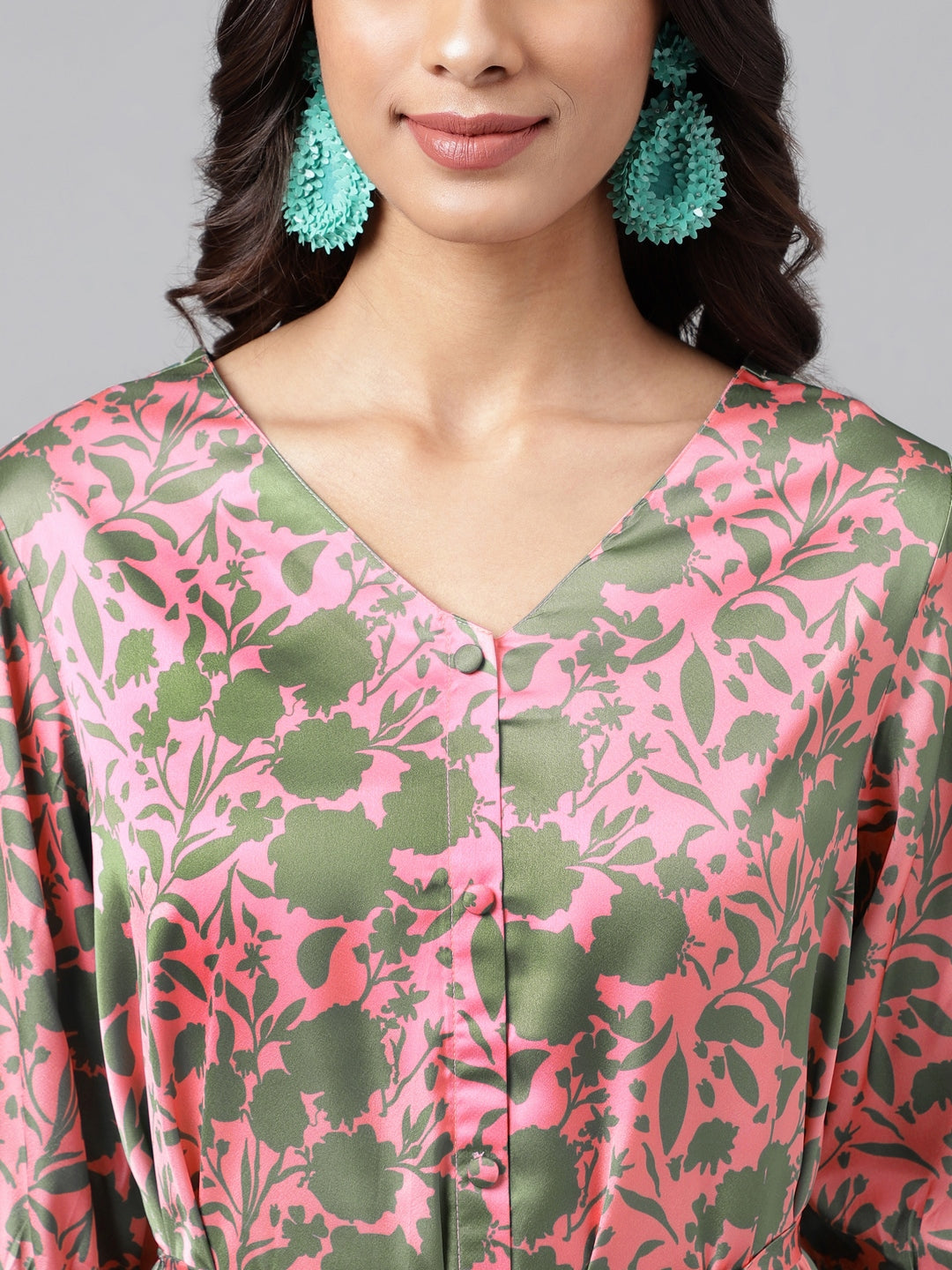 Janasya Women's Pink Satin Digital Floral Printed A-line Ethnic Dress 