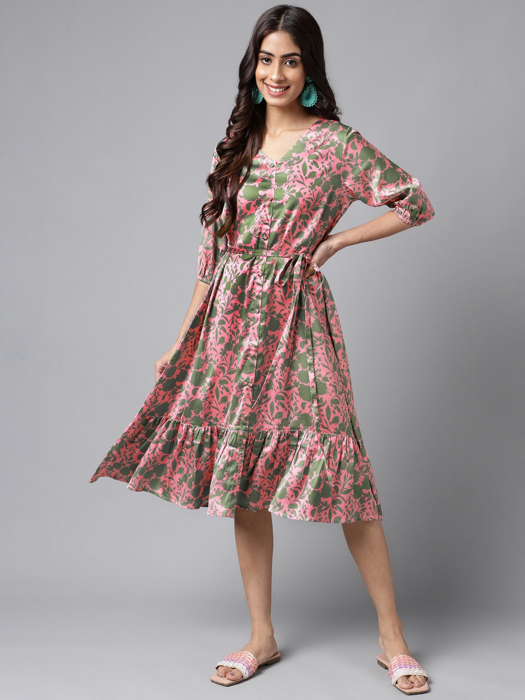 Janasya Women's Pink Satin Digital Floral Printed A-line Ethnic Dress 