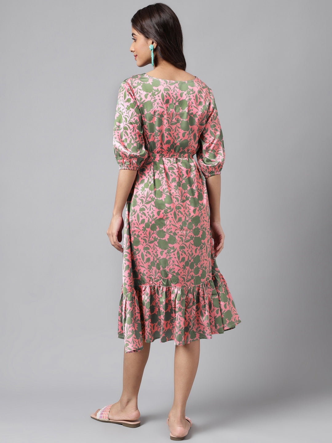 Janasya Women's Pink Satin Digital Floral Printed A-line Ethnic Dress 