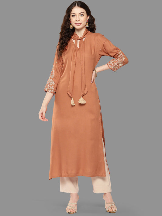 Janasya Peach Rayon Solid Straight Kurta 