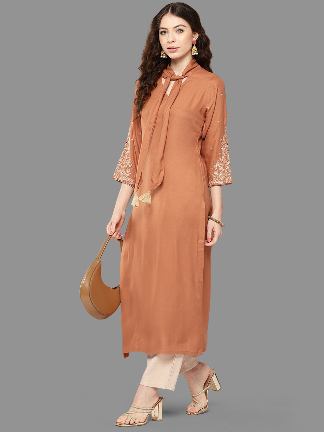 Janasya Peach Rayon Solid Straight Kurta 