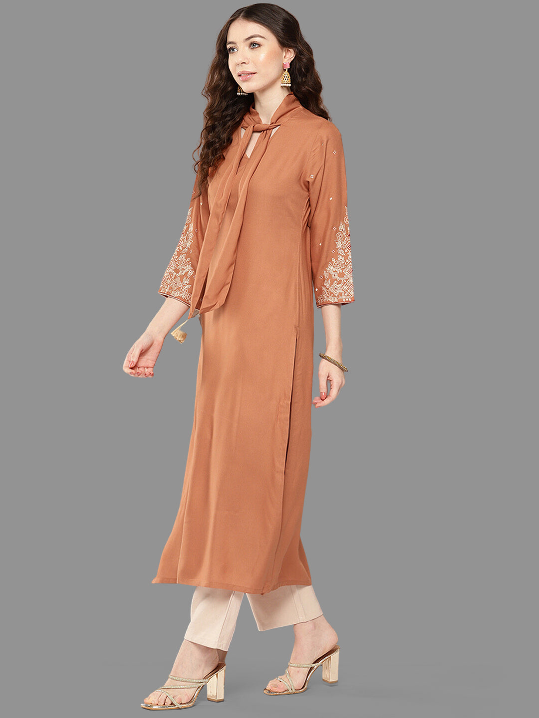 Janasya Peach Rayon Solid Straight Kurta 