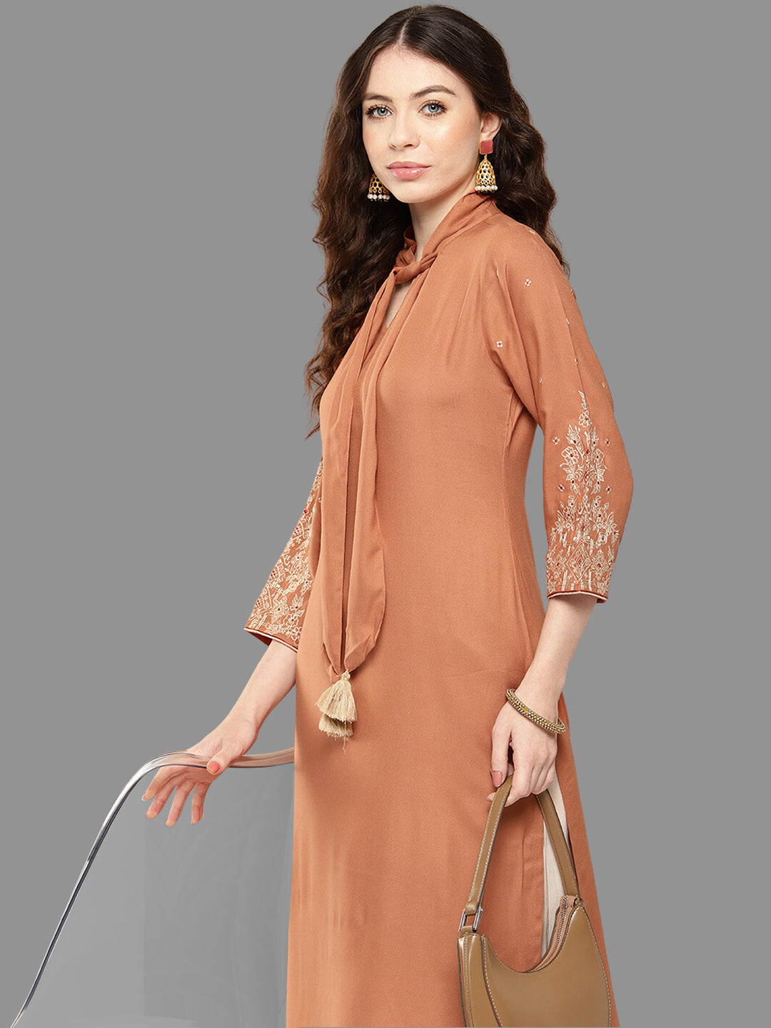 Janasya Peach Rayon Solid Straight Kurta 