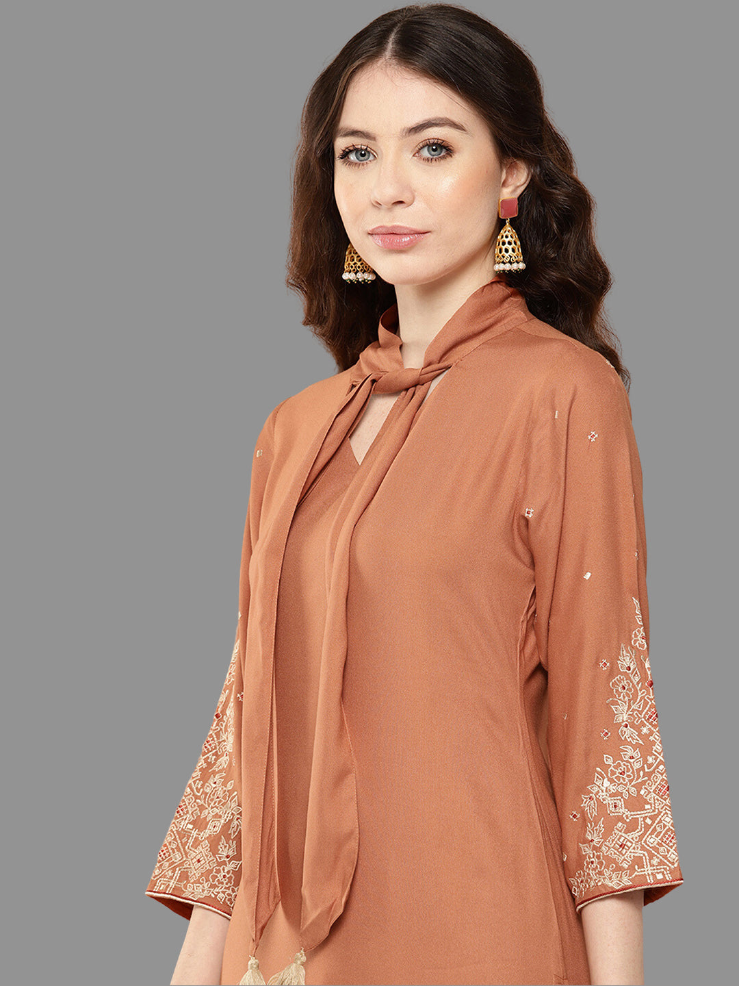 Janasya Peach Rayon Solid Straight Kurta 