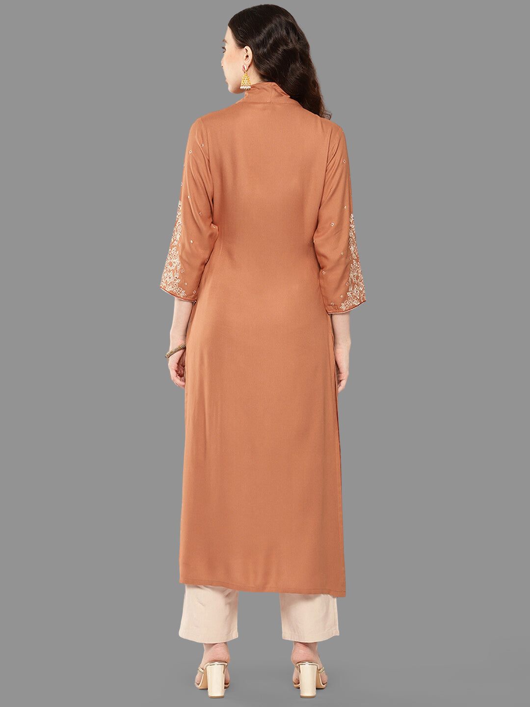 Janasya Peach Rayon Solid Straight Kurta 