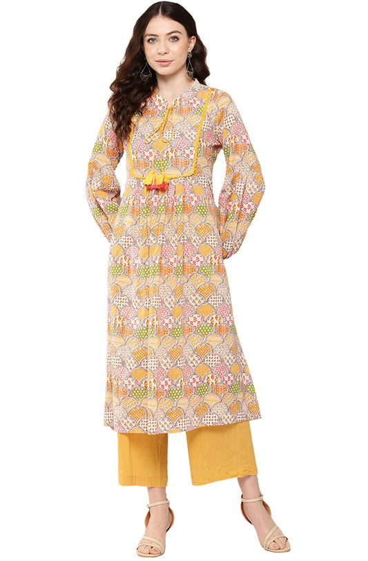 Janasya Multicolor Cotton Ethnic Motifs A-Line Kurta 