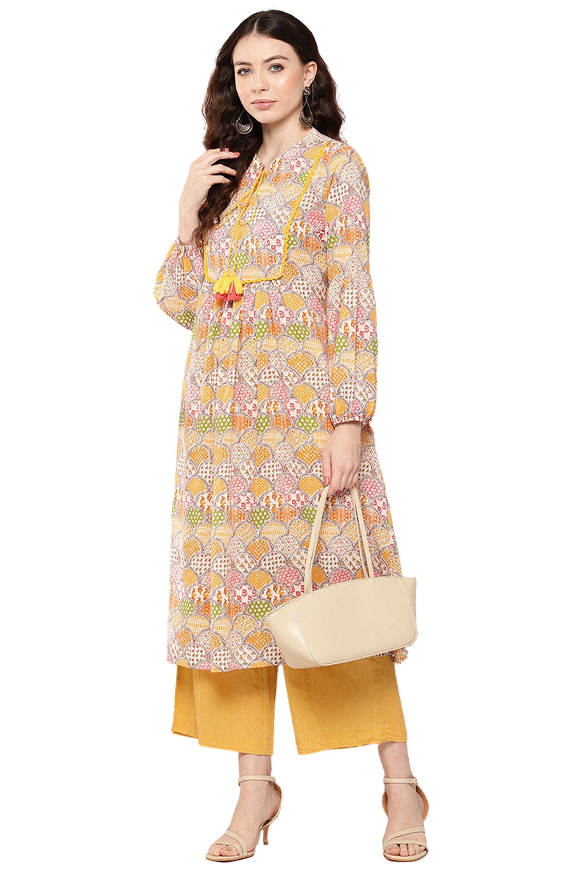 Janasya Multicolor Cotton Ethnic Motifs A-Line Kurta 