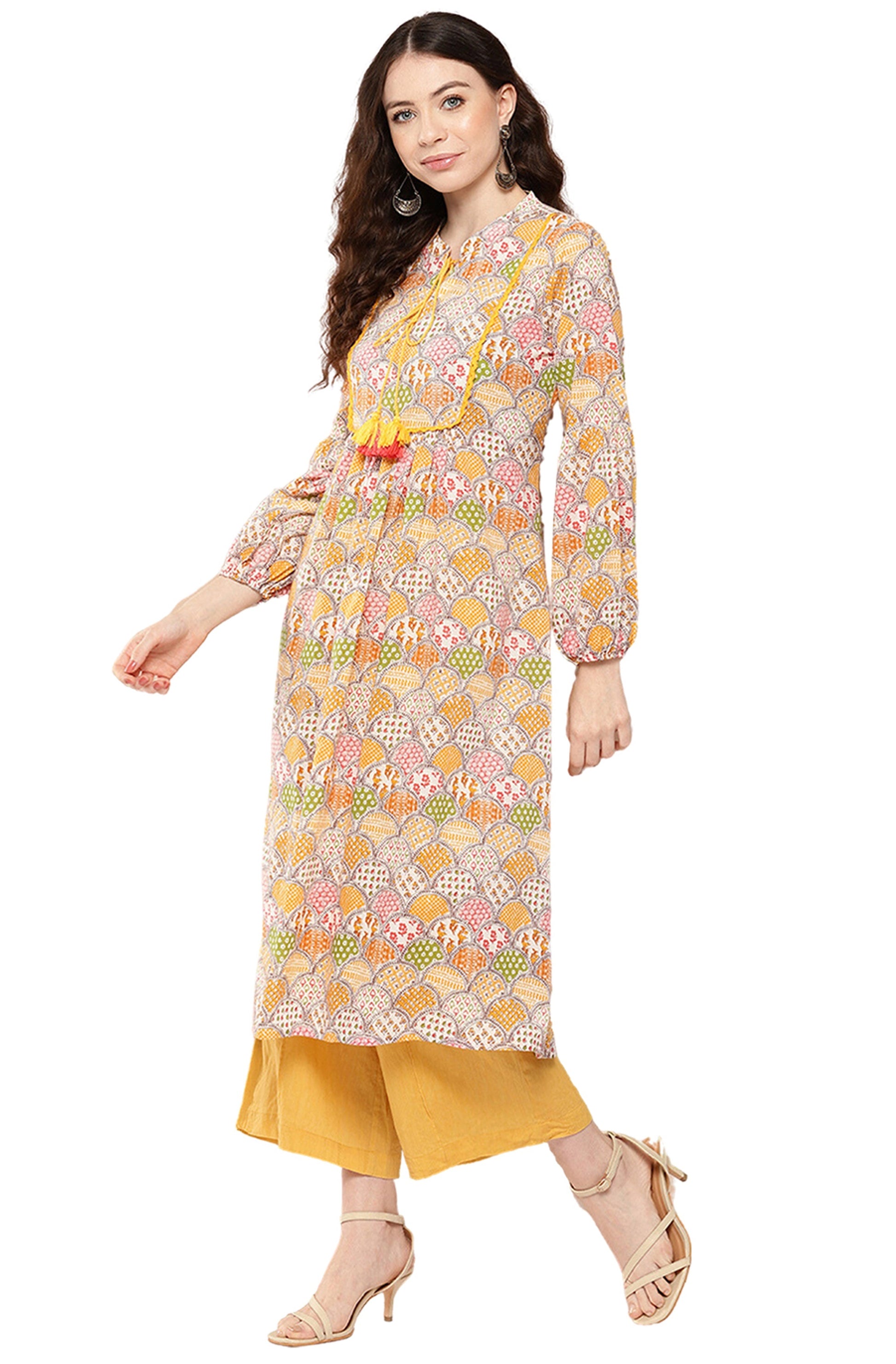 Janasya Multicolor Cotton Ethnic Motifs A-Line Kurta 
