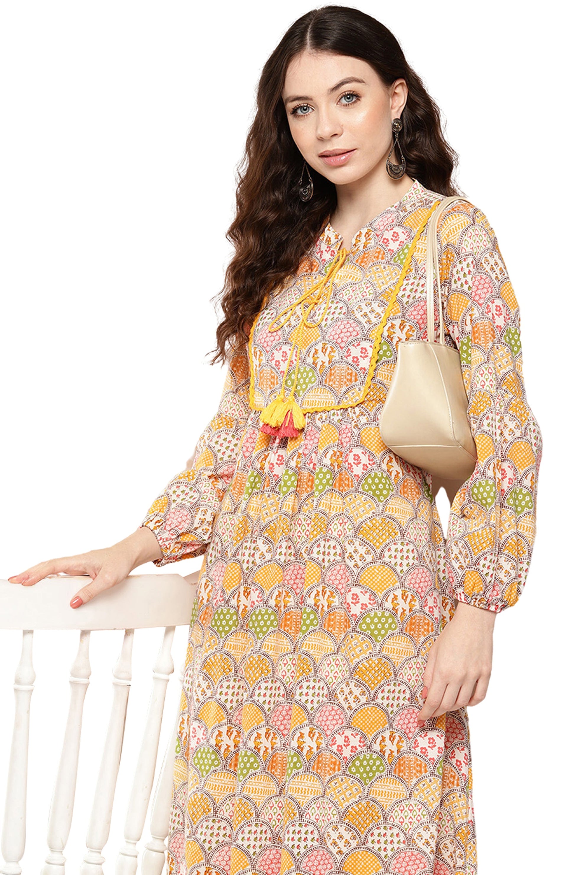 Janasya Multicolor Cotton Ethnic Motifs A-Line Kurta 